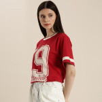 Women Red & Beige Typography Printed Pure Cotton Loose T-shirt